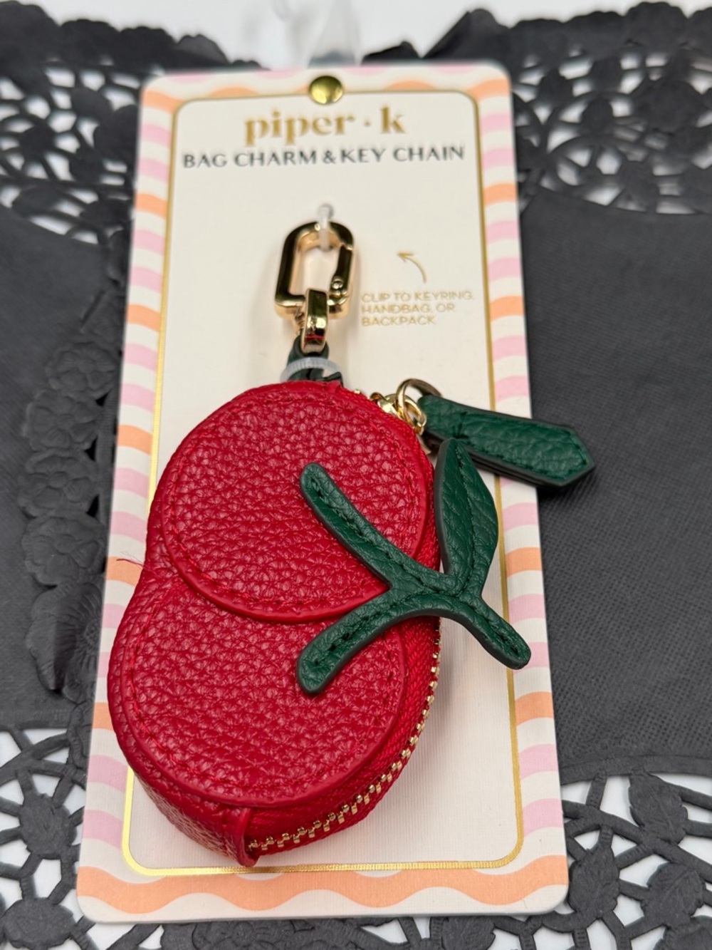 piper•k Red Cherry Bag Charm & Key Chain with Green Leaf